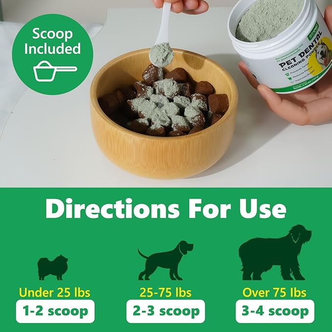 4.23 OZ Dog Teeth Cleaning Powder, Pet Dental Powder for Teeth Cleansing, Bad Breath Freshening, Plaque & Tartar Removal, Dental Care, 120 G