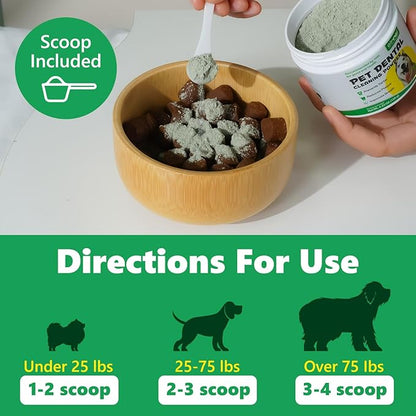 4.23 OZ Dog Teeth Cleaning Powder, Pet Dental Powder for Teeth Cleansing, Bad Breath Freshening, Plaque & Tartar Removal, Dental Care, 120 G