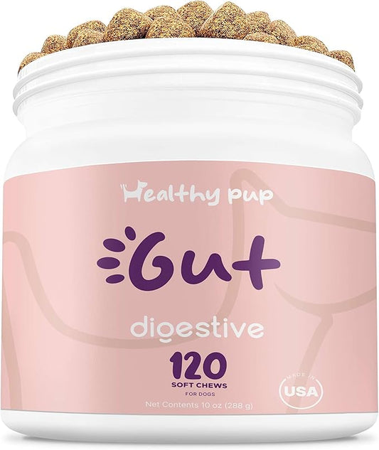 Dog Probiotics and Digestive Enzymes, 120 Delicious Chew Treats for Gut Health, Diarrhea, and Constipation - Hydrolyzes Nutrients for Better Absorption