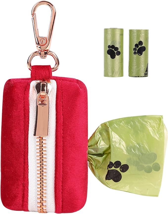ARING PET Dog Waste Bag Dispenser, Soft Doggy Poop Bags Holders Attach to Any Leashes, Velvet Portable Washable Red Pet Waste Pouch Dispenser with Metal Zipper