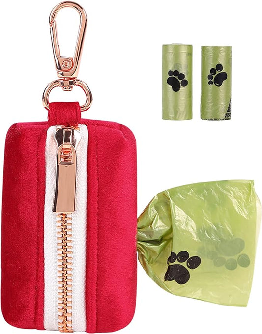 ARING PET Dog Waste Bag Dispenser, Soft Doggy Poop Bags Holders Attach to Any Leashes, Velvet Portable Washable Red Pet Waste Pouch Dispenser with Metal Zipper