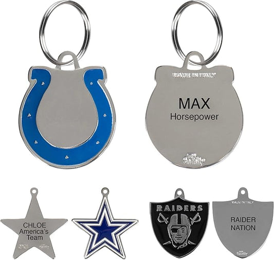 NFL Indianapolis Colts Engraving Pet ID Tags in 32 Team Logo Shapes Personalized Dog Tags and Cat Tags with 3 Lines of Customizable Text for Tracking & Safety. Stainless Steel Pet ID Tracking Tags