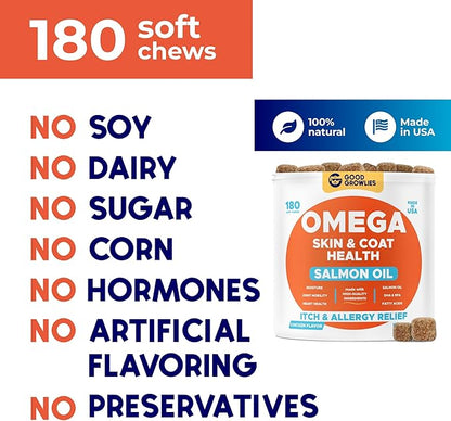 Omega 3 Fish Oil for Dogs (180 Ct) - Skin & Coat Chews - Dry & Itchy Skin Relief + Allergy Support - Shiny Coats - EPA&DHA Fatty Acids - Natural Salmon Oil Chews Promotes Heart, Hip & Joint Support