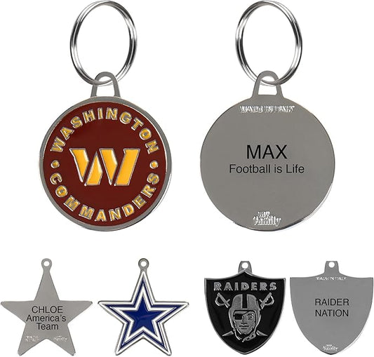 NFL Washington Commanders Engraving Pet ID Tags in 32 Team Logo Shapes Personalized Dog Tags and Cat Tags with 3 Lines of Customizable Text for Tracking & Safety. Stainless Steel Pet ID Tracking Tags