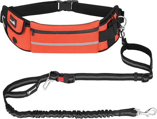 Pecute Hands Free Dog Leash with Pouch, Waist Belt Fanny Pack with Soft Pads, Dual Padded Handles, and Durable Bungee for Walking, Hiking, Jogging Biking, and Running (Up to 220lbs) Orange