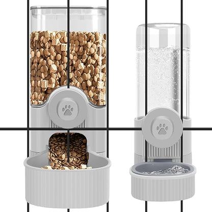Hanging Cage Automatic Small Pet Food Bowl Water Bottle Dispenser, Detachable Auto Gravity 1.2L Self-Feeding Feeder and 0.52L Waterer Set Kennel Feeding Station for Puppy Cats Rabbit(Grey)