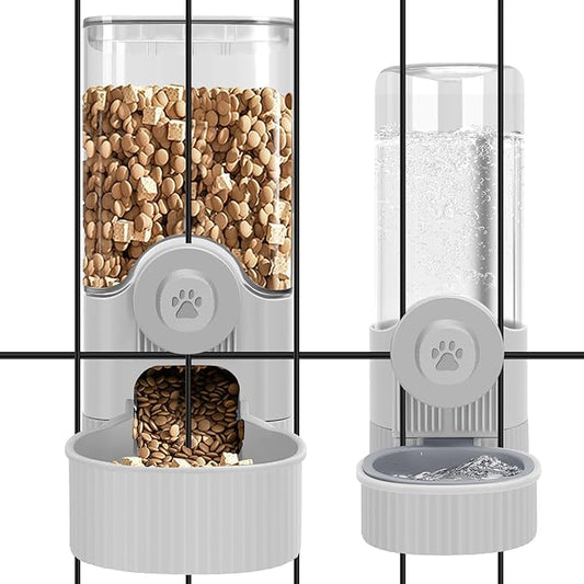 Hanging Cage Automatic Small Pet Food Bowl Water Bottle Dispenser, Detachable Auto Gravity 1.2L Self-Feeding Feeder and 0.52L Waterer Set Kennel Feeding Station for Puppy Cats Rabbit(Grey)