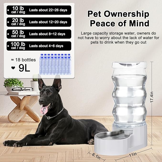 RIZZARI Automatic 9L Pet Waterer, Gravity Dog Water Bowl Dispenser, Stainless Steel Cat Water Dispenser, Large Capacity Water Feeder for Medium and Large-Sized Cats and Dogs (9L,without Filter)