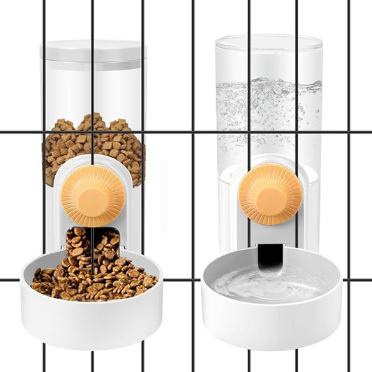 Hanging Cage Automatic Small Pet Food Bowl Water Bottle Dispenser, 1L Auto Gravity Pet Feeder and Waterer Set Kennel Feeding Station Crate Feeder Dish for Puppy Cats Rabbit Ferret (White)