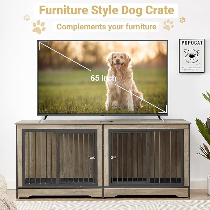 75'' Double Dog Crate Furniture for 2 Large Dogs, Heavy Duty Dog Crate, Furniture Style Dog Crate End Table, Wood Crates for Dogs Kennel Indoor, Decorative Dog Crate with Double Door, Grey