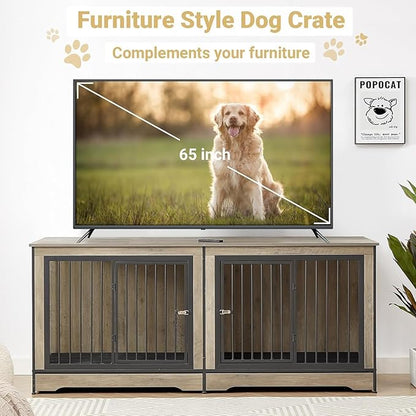 75'' Double Dog Crate Furniture for 2 Large Dogs, Heavy Duty Dog Crate, Furniture Style Dog Crate End Table, Wood Crates for Dogs Kennel Indoor, Decorative Dog Crate with Double Door, Grey