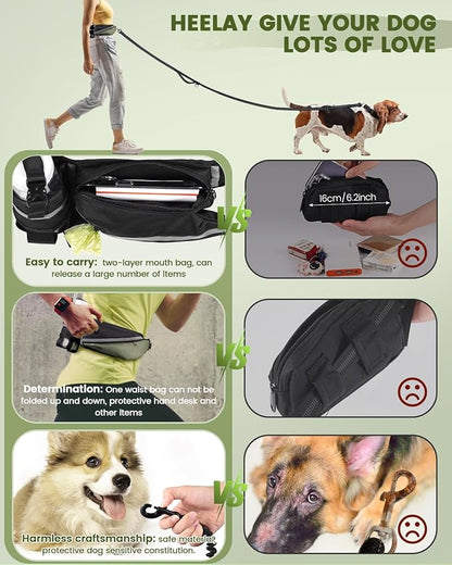 Hands Free Dog Leash for Medium and Large Dogs with Waist Belt Pouch,Dog Running Leash for Training Hiking Jogging Running Walking with Double Handle Bungee | Reflective Stitches Army Green