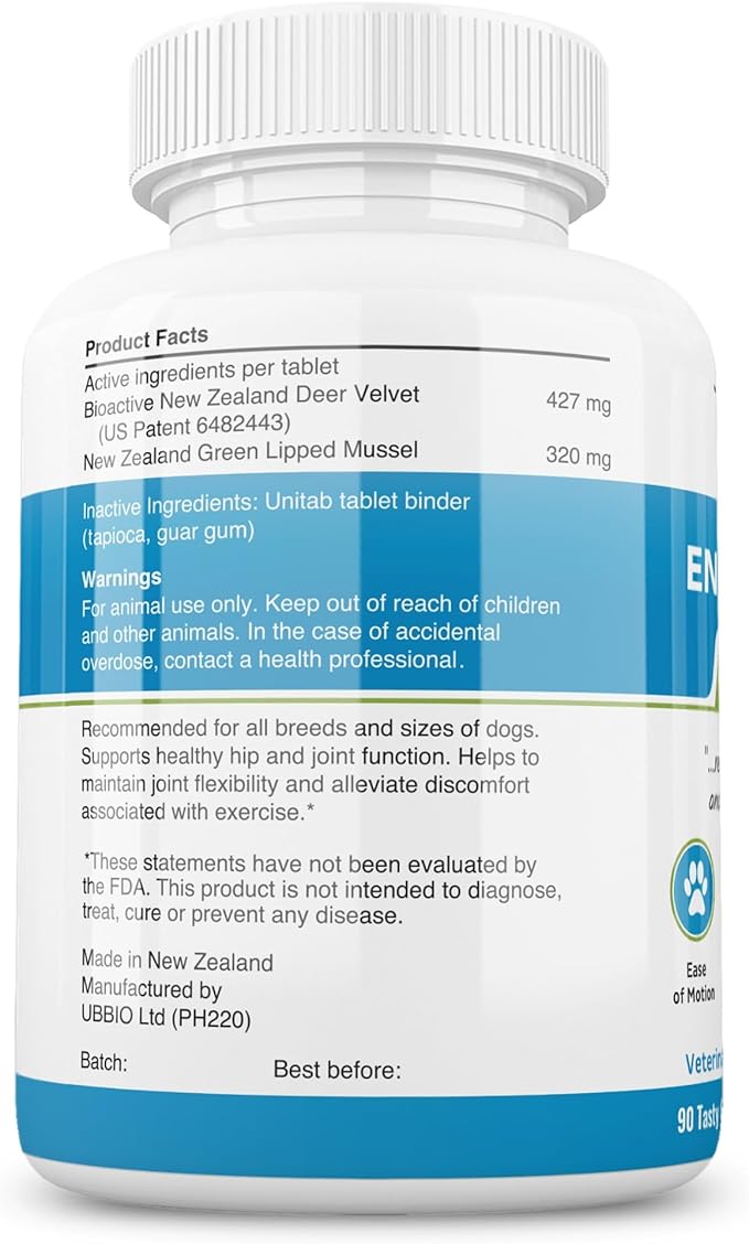 Dr. Buzby’s Encore Mobility Hip & Joint Supplement for Senior Dogs, 90 Chewable Tablets, Natural New Zealand Deer Velvet and Green Lipped Mussel, Pet Pain Relief