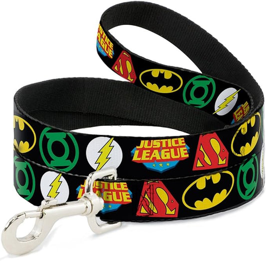 Buckle-Down Dog Leash Justice League Superhero Logos Close Up Black 6 Feet Long 1.0 Inch Wide, Multicolor (DL-6FT-WJL011)