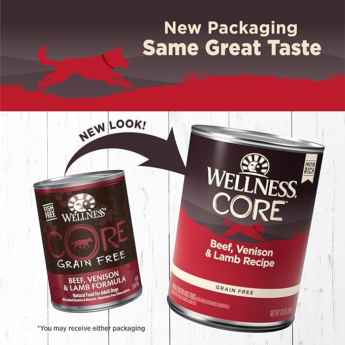 Wellness Natural Pet Food CORE Natural Wet Grain Free Canned Dog Food, Beef, Venison & Lamb, 12.5-Ounce Can (Pack of 12)