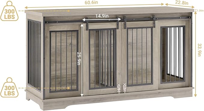 61'' Double Dog Crate Furniture for 2 Dogs, Large Double Dog Kennel Furniture TV Stand, Heavy Duty Dog Crate, Furniture Style Dog Crate End Table, Wood Crates for Dogs Kennel Indoor