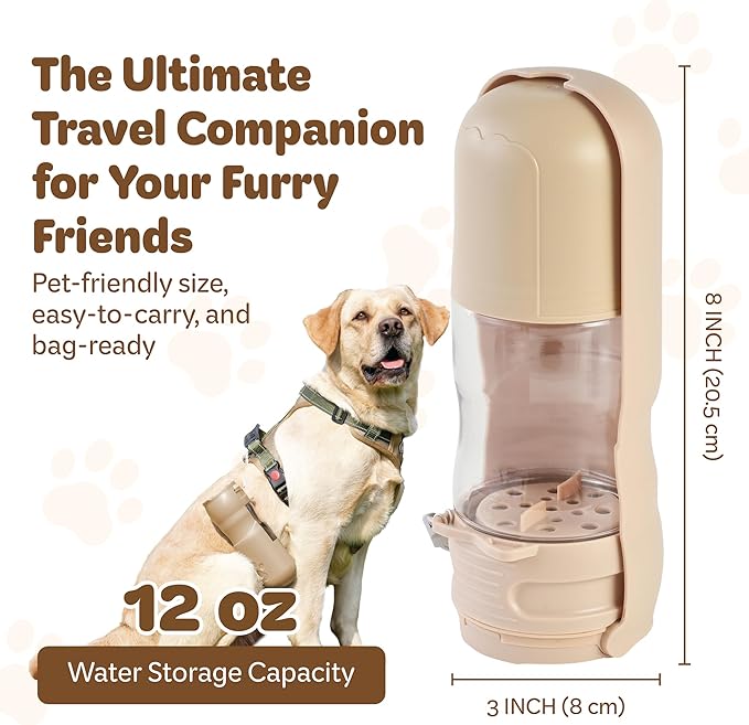 Portable Pet Food and Water Dispenser, 2 in 1 Cat & Small Dog Water Bottle & Food Container, Lightweight, BPA Free Pet Water Bottle Traveling Essentials for Walking & Hiking (Khaki, 13oz)