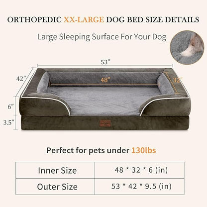 Cooling Dog Bed for Giant Dogs, Orthopedic Memory Foam Dog Bed, XXL Dog Bed for Extra Large Dogs, Waterproof Dog Bed with Bolster & Removable Cover(XX-large,Olive Green)