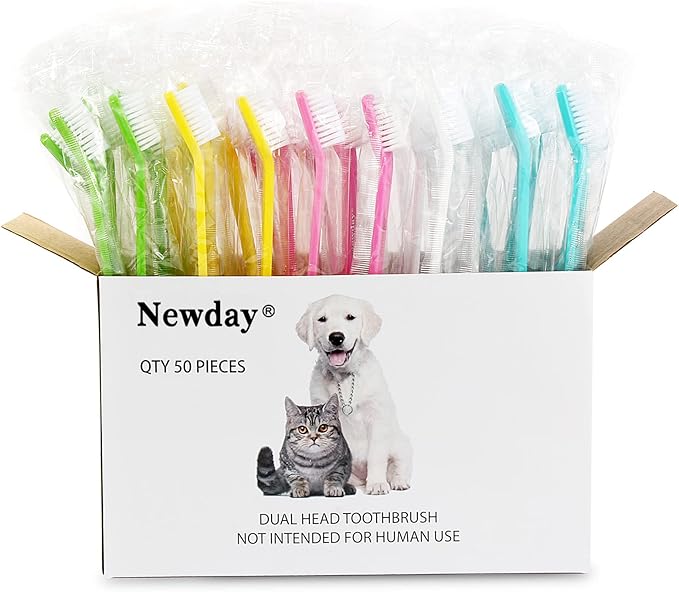 50 Pack Dual Ended Long Dog & Cat Toothbrush, Pet Safe Super Soft Bristles for Pet Dog Puppy Kitten Dental & Oral Care Teeth & Gums, Pet toothbrushes in box, Bulk individual polybag (Colorful)