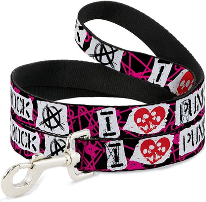 Dog Leash I Heart Punk Rock Safety Pins Black Fuchsia White 4 Feet Long 1.5 Inch Wide