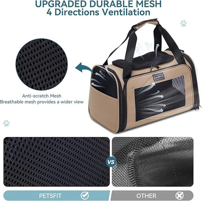 PETSFIT Pet Carrier for Cat, Dog Carrier for Small Dogs, Soft Cat Carrier Bag with Cozy Extendable Mat for Pets Under 25 Lbs (Large, Khaki)