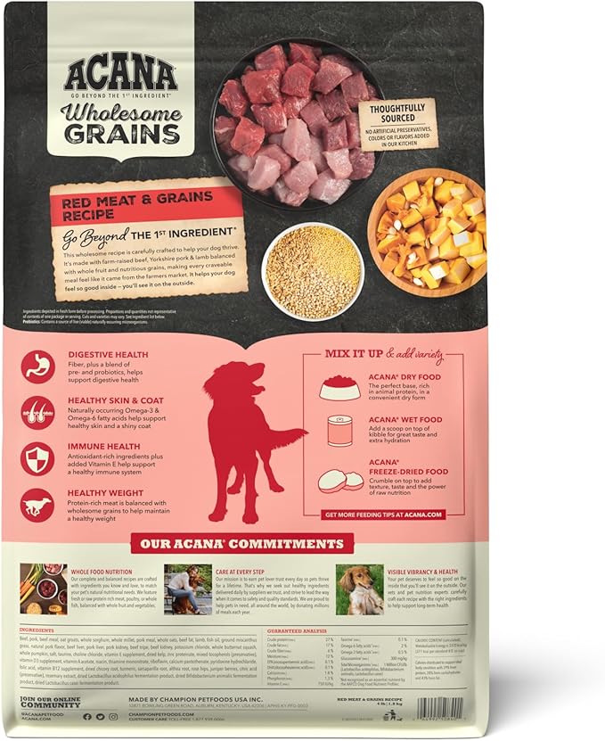 ACANA Wholesome Grains Dry Dog Food, Red Meat and Grains, Gluten Free, Beef, Pork, and Lamb Recipe, 4lb