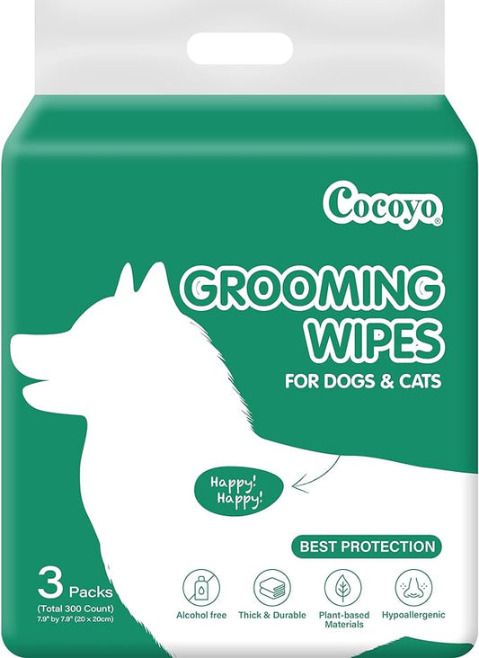COCOYO Disposable Wet Wipes for Dogs & Cats I 300 Wipes for Cleaning and Deodorizing - Plant-Based, Hypoallergenic Pet Wipes for Puppies - Wipes for Paws, Butt, & Body - Fragrance Free