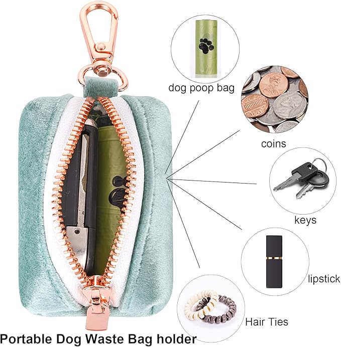 ARING PET Dog Waste Bag Dispenser, Velvet Green Doggy Poop Bags Holders Attach to Any Leashes, Portable Washable Pet Waste Pouch Dispenser with Metal Zipper