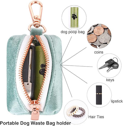 ARING PET Dog Waste Bag Dispenser, Velvet Green Doggy Poop Bags Holders Attach to Any Leashes, Portable Washable Pet Waste Pouch Dispenser with Metal Zipper