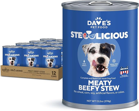Dave's Pet Food Stewlicious Soft Dog Food Wet (Meaty Beef Stew), Made in USA Canned Dog Food, Added Vitamins & Minerals, Wheat & Gluten-Free, Small to Large Dogs 13.2 oz Cans (Case of 12)