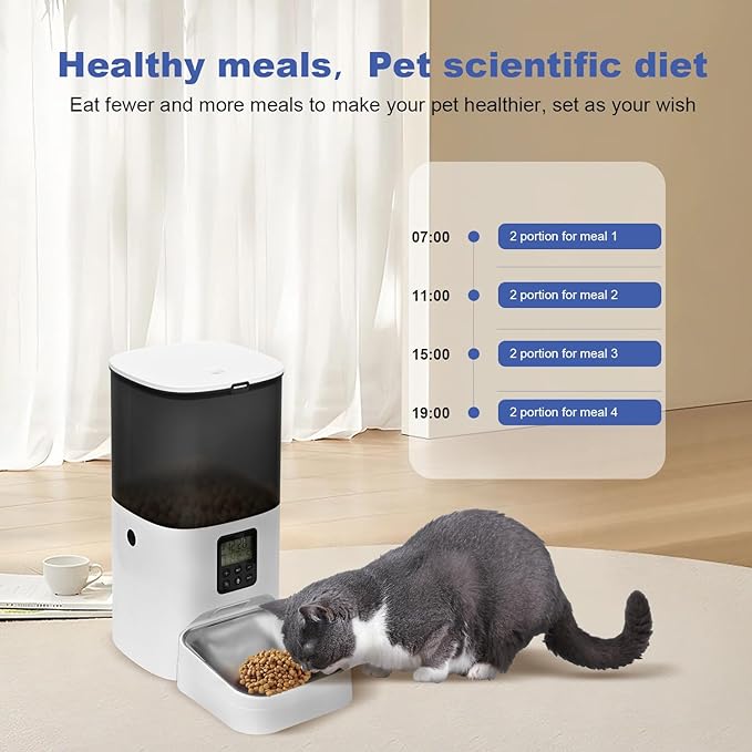 Automatic Cat Feeder, Cat Food Dispenser with 10s Voice Recorder, Pet Feeder up to 8 Meals per Day, Timed Cat Feeder with Dry Food Sealed Ring(White, 6L)
