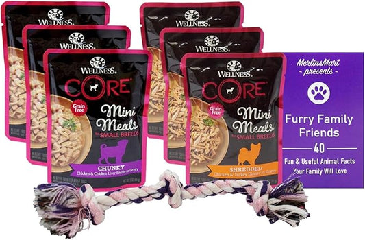 Wellness Core Mini Meals Small Breed Dog Food 2 Flavor 6 Pouch Variety - (3) Each: Chunky Chicken Liver, Shredded Chicken Turkey Gravy (3 Ounces) - Plus Rope Toy and Fun Facts Booklet Bundle
