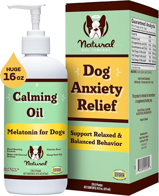 Natural Dog Company Calming Oil, 16 oz Bottle, Helps Manage Normal Stress, Promotes Relaxation, Supports Balanced Behavior, Melatonin for Dogs, May reduce Hyperactivity, for Dogs of all Ages & Sizes