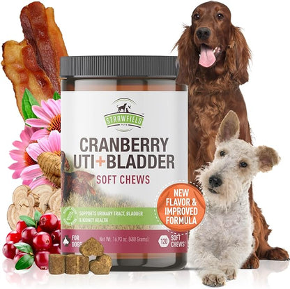 Strawfield Pets' Cranberry UTI + Bladder Soft Chews Cranberry Supplement for Dogs Urinary Tract - Bacon Flavor 120 Chews