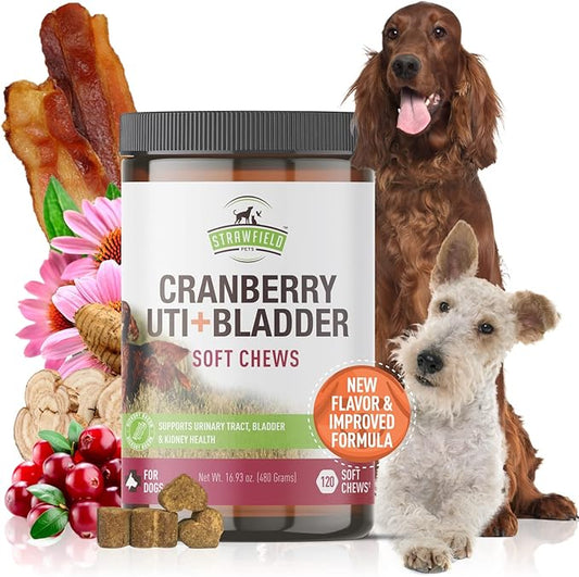 Strawfield Pets' Cranberry UTI + Bladder Soft Chews Cranberry Supplement for Dogs Urinary Tract - Bacon Flavor 120 Chews