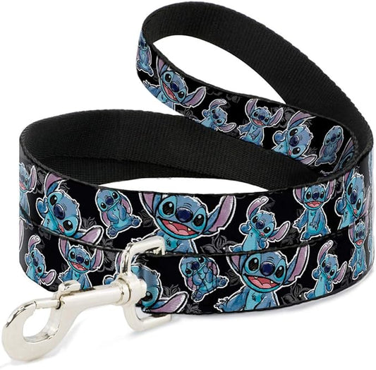 Buckle-Down Pet Leash - Stitch Poses/Hibiscus Sketch Black/Gray/Blue - 4 Feet Long - 1.5" Wide