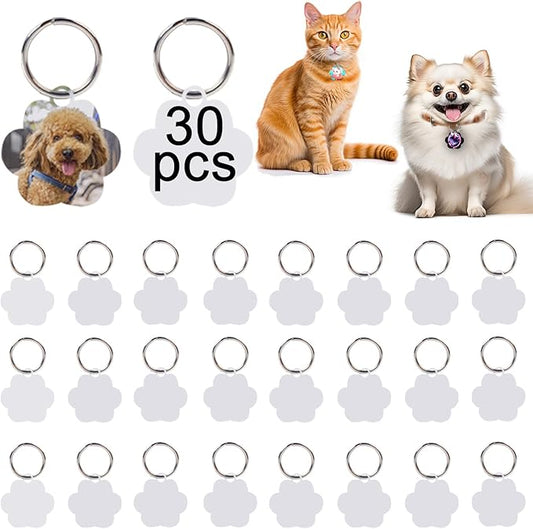 30 pcs Sublimation Blank Dog Tags Paw Shape Sublimation Blank Dog Tags Double Sided Dog Tags with Key Ring DIY Sided Aluminum Dog ID Tags Pet Name Tags Dog Collar Tags with Dogs and Cats