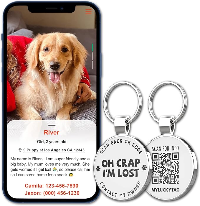 MYLUCKYTAG QR Code Pet ID Tags Dog Tags - Pet Online Profile - Scan QR Receive Instant Pet Location Alert Email