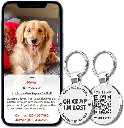 MYLUCKYTAG QR Code Pet ID Tags Dog Tags - Pet Online Profile - Scan QR Receive Instant Pet Location Alert Email