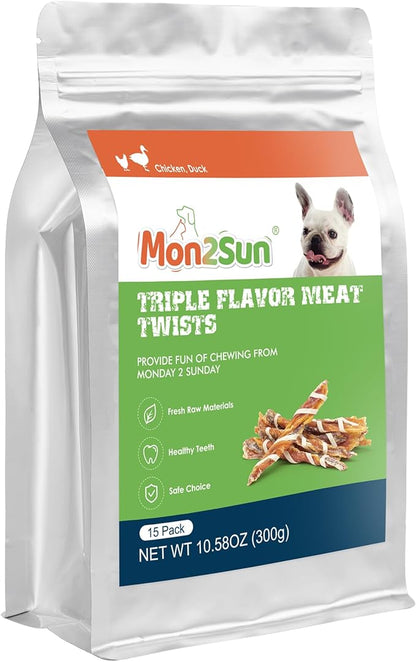 MON2SUN Dog Treats, Triple Flavor Jerky Twist Sticks, 5-7 Inch Chicken Duck and Codfish Sticks Dog Chews for Small Dogs, Healthy Dog Snacks, 10.58 oz (15 Count-Pack of 1)