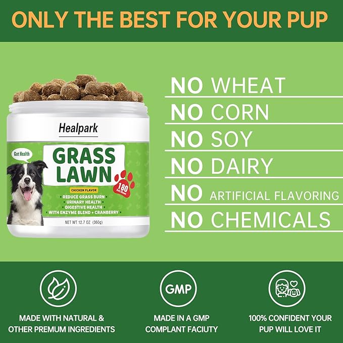 Grass Burn Spot Chews for Dogs - Dog Pee Lawn Spot Saver Caused by Dog Urine - Grass Treatment Rocks - DL-Methionine + Cranberry + Digestive Enzymes - Dog Urine Neutralizer for Lawn - 180 Soft Treats