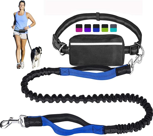 Hands Free Dog Leash for Running Walking Training Hiking, Dual-Handle Reflective Bungee, Poop Bag Dispenser Pouch, Adjustable Waist Belt, Shock Absorbing, Ideal for Medium to Large Dogs (Black W Blue)