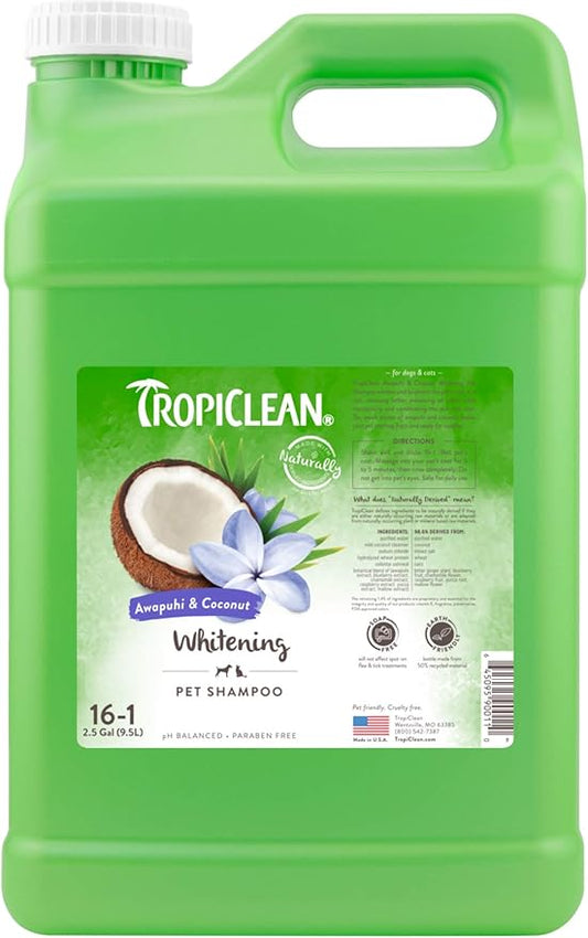TropiClean Awapuhi Coconut Whitening Dog Shampoo for White Coats & All Coat Types | Natural Pet Shampoo Derived from Natural Ingredients | Cat Friendly | Made in the USA | 2.5 gal.