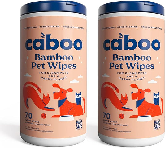 Caboo Tree Free Pet Wipes for Dogs & Cats | Natural, Earth Friendly, Deodorizing, Hypoallergenic Cleaning Wipes for Eyes, Ears, Paws, & Face (Unscented, 2 Canisters, Total of 140 Jumbo Wipes)
