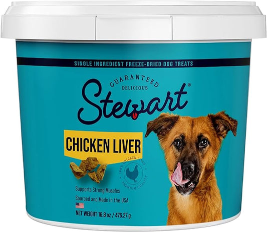 Stewart Freeze Dried Dog Treats, Chicken Liver, 16.8 oz Grain Free & Gluten Free, Resealable Tub, Single Ingredient, training treat in Beef Liver, Salmon, Chicken Liver & Chicken Breast 4, 14, 21 oz