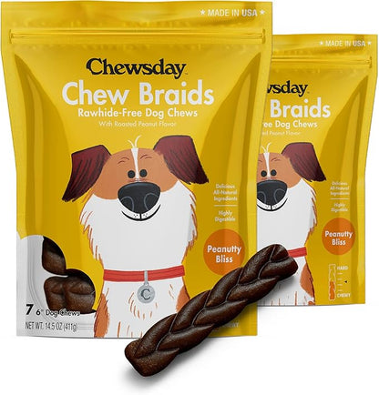 6-Inch Dog Chew Braids, Made in The USA, All Natural Rawhide-Free Highly-Digestible Treats, Peanutty Bliss - 14 Count