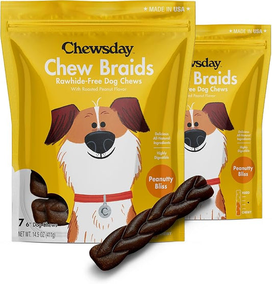 6-Inch Dog Chew Braids, Made in The USA, All Natural Rawhide-Free Highly-Digestible Treats, Peanutty Bliss - 14 Count