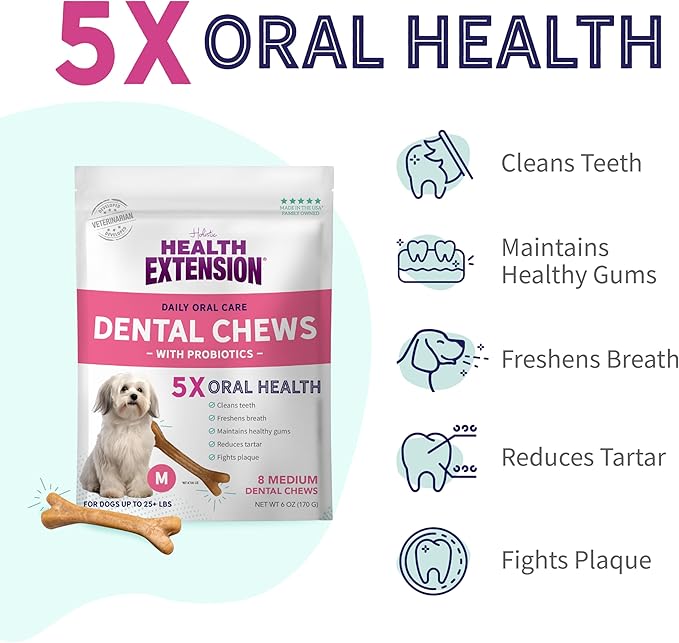 Health Extension Probiotic Dog Chew Bone Treats, Puppy Training Treat, Medium Sticks for Dental Teeth Cleaning & Breath Freshener, Medium (Pack of 8)
