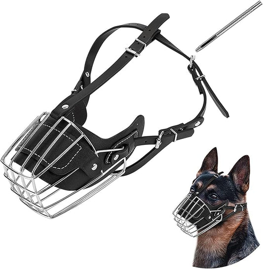 Dog Muzzle, Dog Metal Face Basket, Dog Mouth Breathable Adjustable Leather Leash Suitable for Large Medium-Sized Dogs (L)