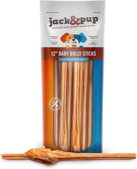 Jack&Pup Dog Bully Sticks for Small Dogs - 12 Inch Junior Bully Stick Dog Chew (18 Pack) 12" Long Premium Grade All Natural Gourmet Puppy Treat Chews - Great for Teething Puppies